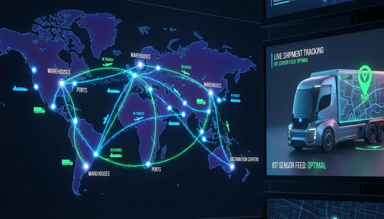 Real-time supply chain visibility showing global shipment tracking and IoT sensor data monitoring
