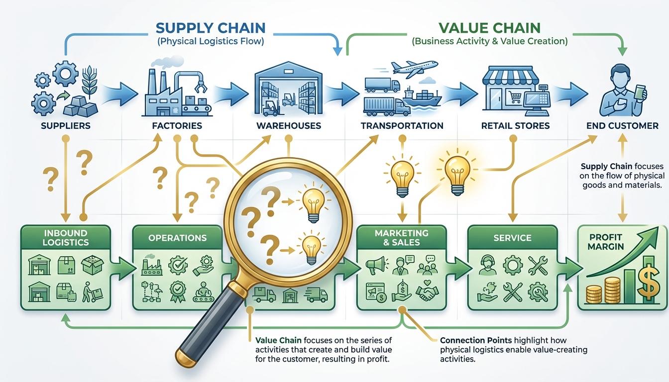Supply chain vs value chain comparison showing operational flow versus strategic value creation