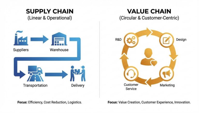 Supply chain vs value chain comparison showing operational flow versus strategic value creation