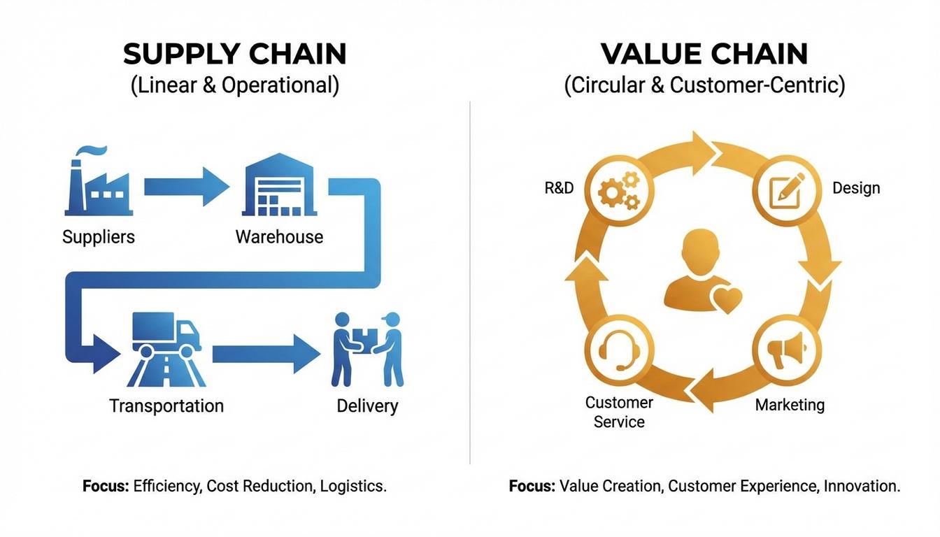 Supply chain vs value chain comparison showing operational flow versus strategic value creation