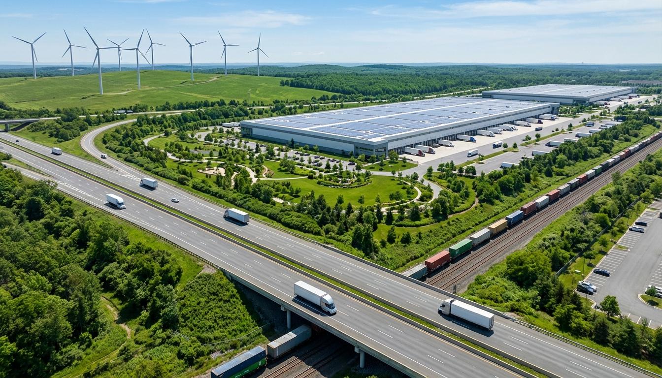 Sustainable logistics network showing eco-friendly trucks, warehouses with solar panels, and green supply chain Sustainable logistics network showing eco-friendly trucks, warehouses with solar panels, and green supply chain