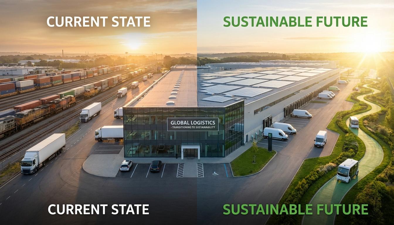 Sustainable logistics carbon reduction strategy showing intermodal shipping and green supply chain planning