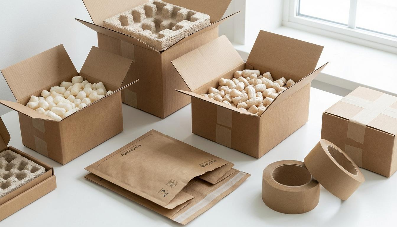 Eco-friendly sustainable packaging materials including recyclable cardboard boxes and biodegradable fillers Eco-friendly sustainable packaging materials including recyclable cardboard boxes and biodegradable fillers