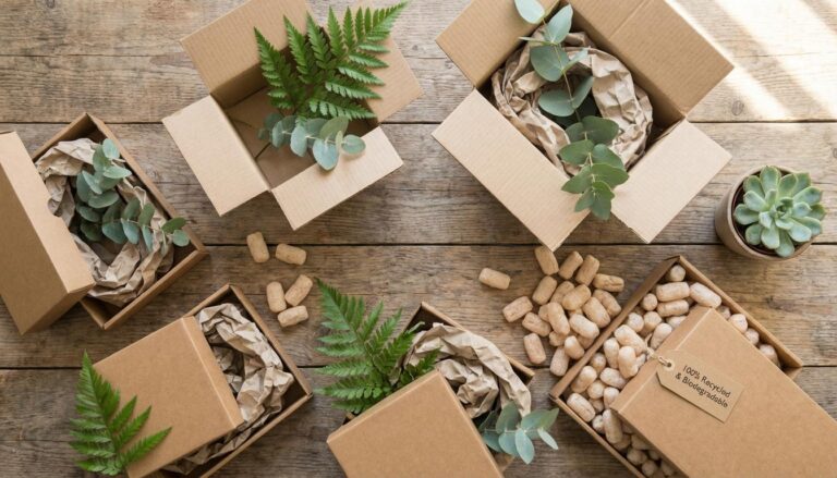 Sustainable packaging materials including kraft boxes, biodegradable packing materials, and recycled paper on wooden surface