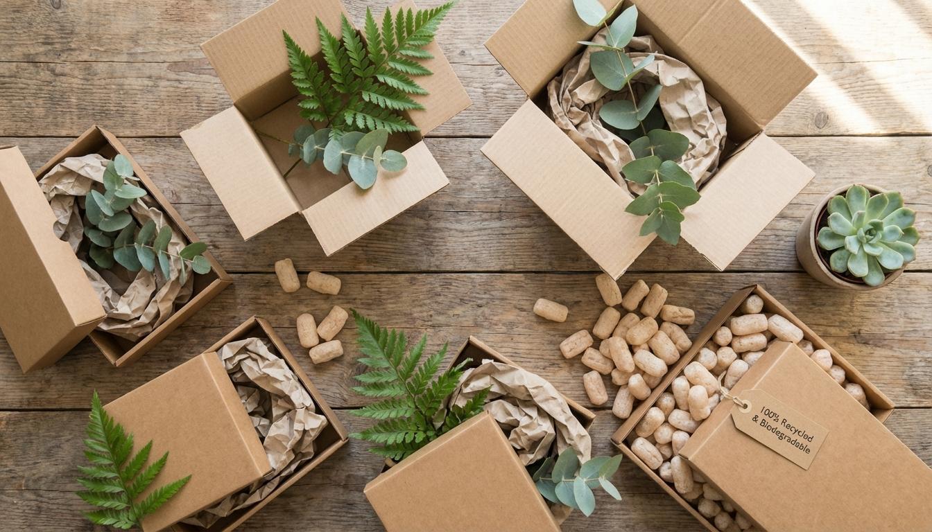 Sustainable packaging materials including kraft boxes, biodegradable packing materials, and recycled paper on wooden surface
