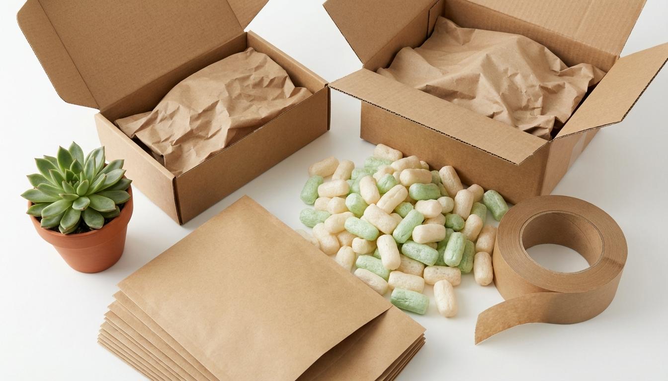 Sustainable packaging solutions featuring eco-friendly cardboard boxes and biodegradable shipping materials