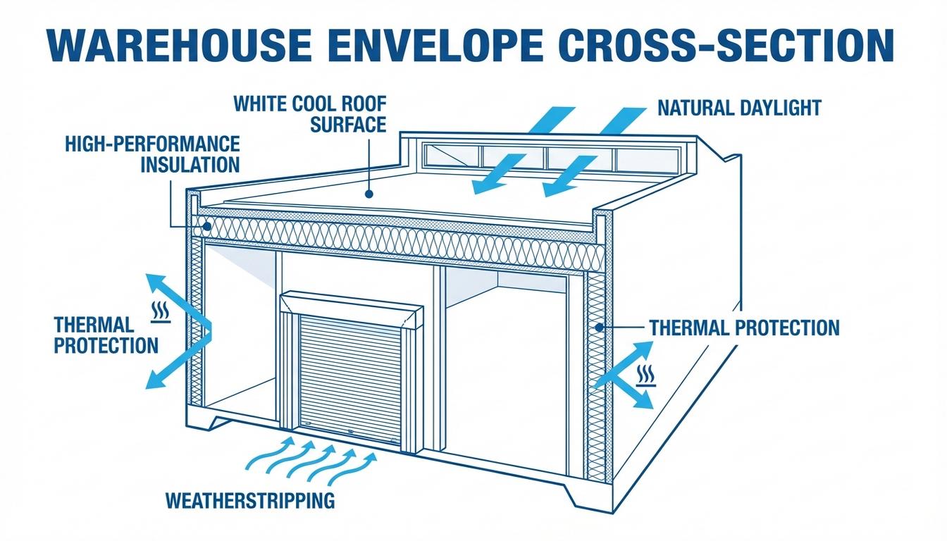 Cross-section view of warehouse building envelope showing insulation and cool roof design
