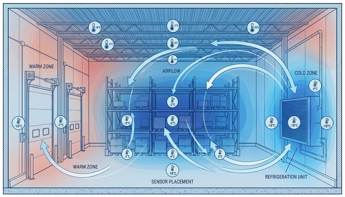 Temperature mapping diagram showing optimal sensor placement locations in cold storage warehouse