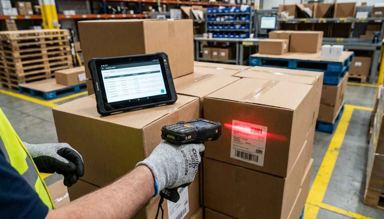 Warehouse worker scanning barcode on pallet with handheld scanner for inventory verification