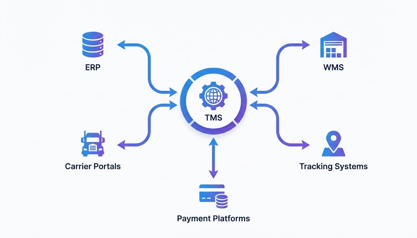 TMS integration diagram showing connections between ERP WMS and carrier systems via API