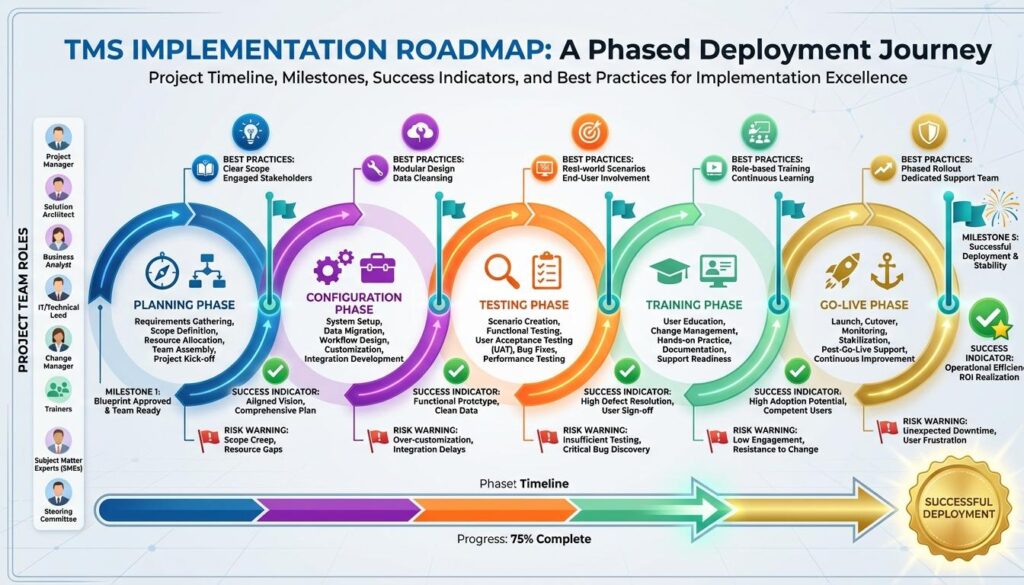 TMS implementation roadmap showing five phases from planning through configuration testing training and go-live with milestones best practices and success indicators for transportation management deployment
