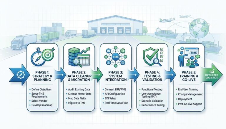 TMS implementation roadmap showing five phases from strategic planning to go-live deployment