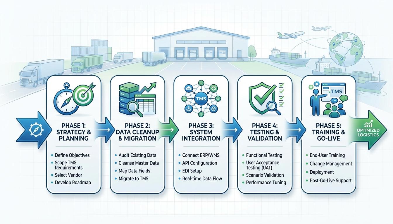 TMS implementation roadmap showing five phases from strategic planning to go-live deployment