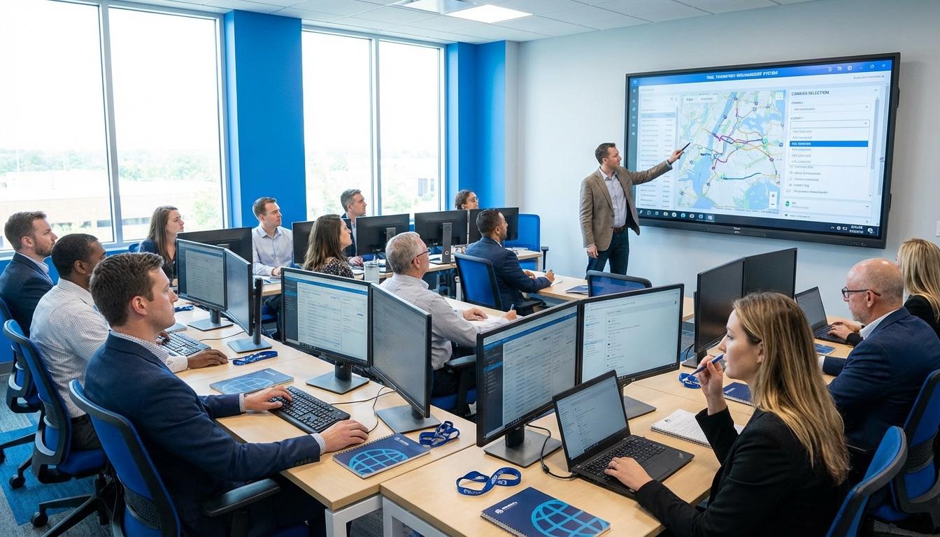 Logistics team attending TMS software training session with instructor demonstrating features