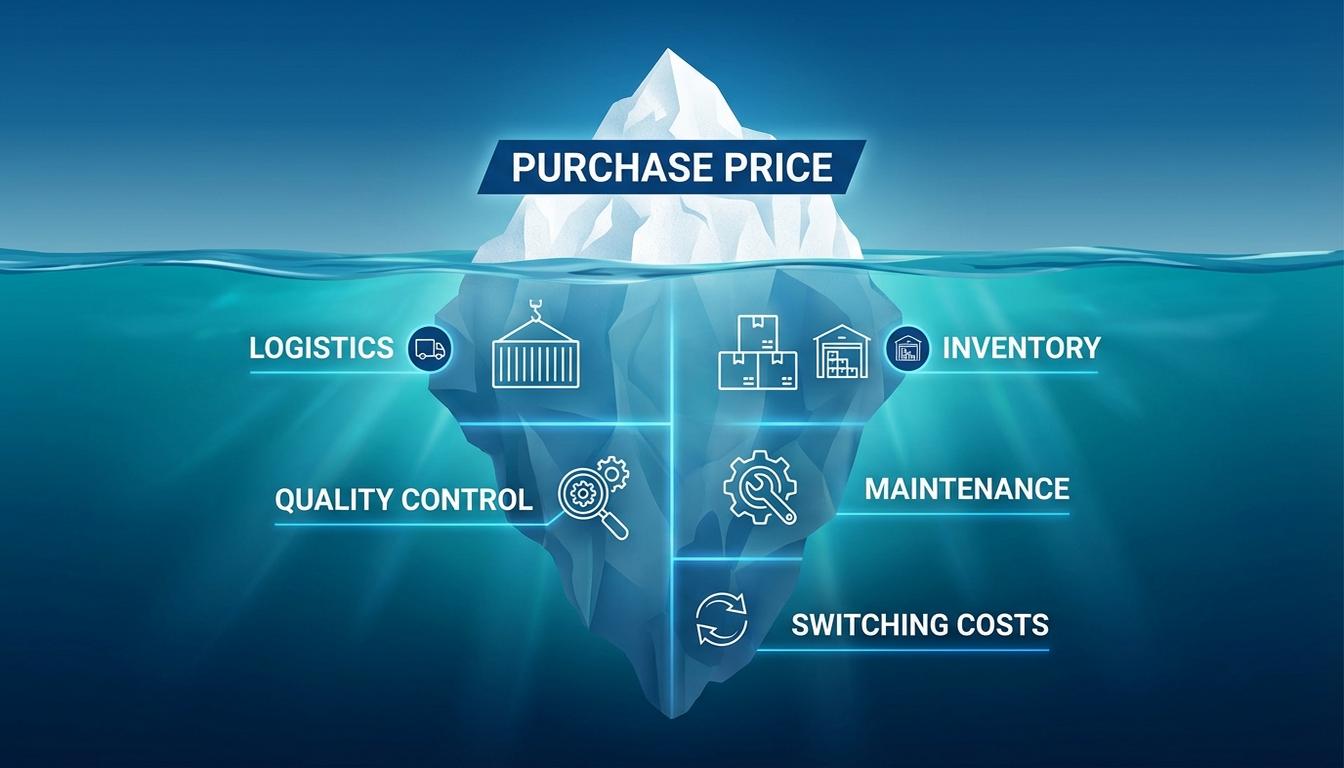 Total cost of ownership TCO breakdown showing logistics inventory quality and switching costs beyond purchase price