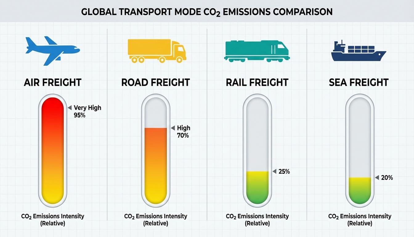 Transport mode emissions comparison showing air freight, trucking, rail, and shipping CO2 intensity levels