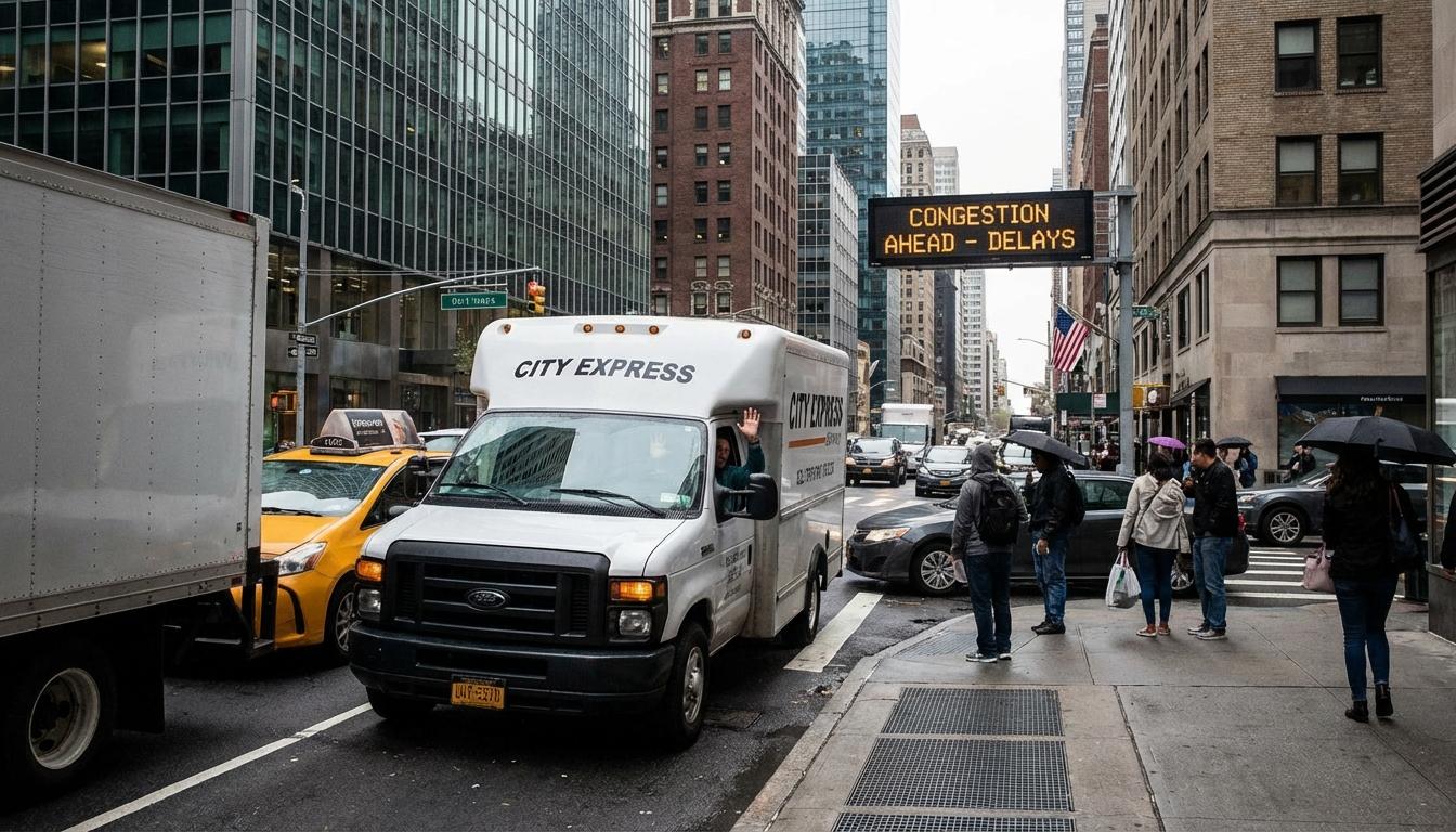 Delivery van stuck in city traffic illustrating urban delivery challenges and congestion bottlenecks