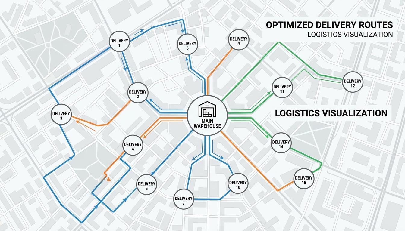 Vehicle routing problem visualization showing optimized multi-stop delivery routes connecting multiple locations