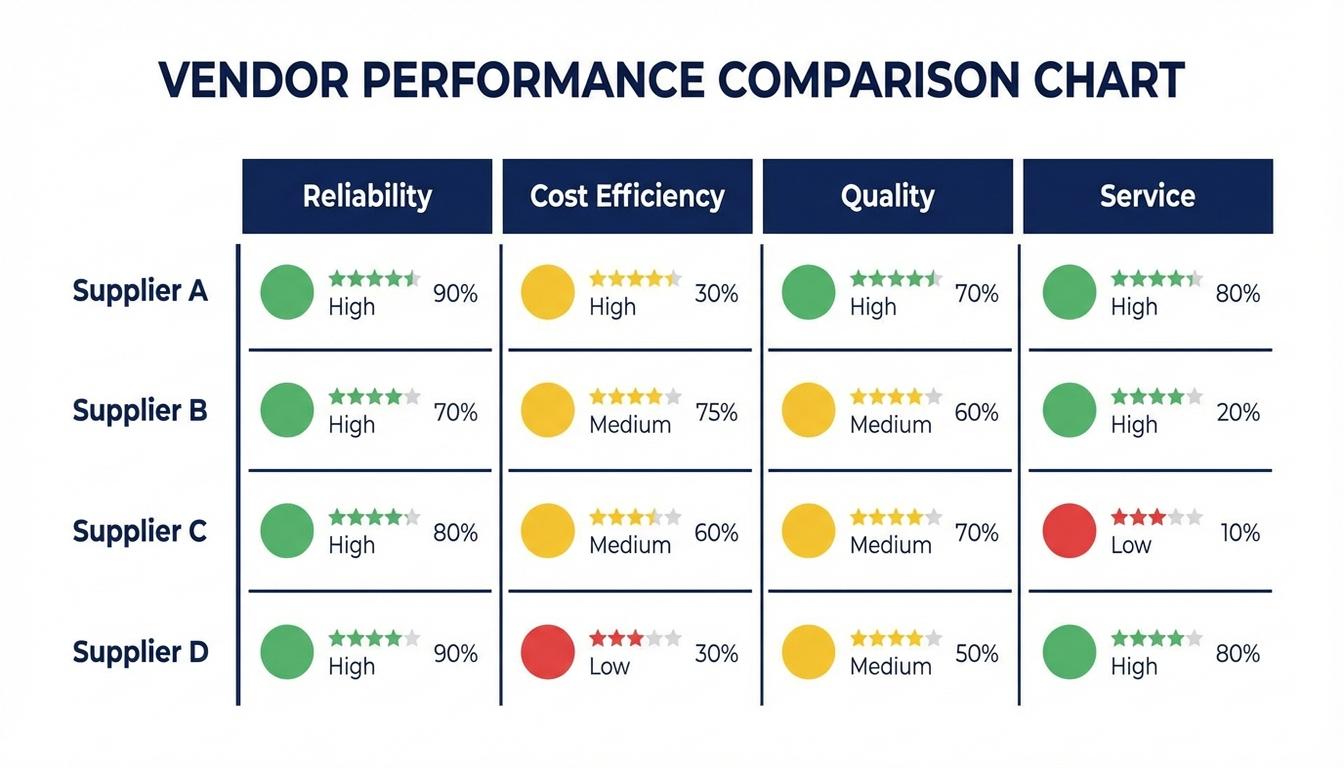 Vendor scorecard comparison chart showing multiple supplier ratings side by side