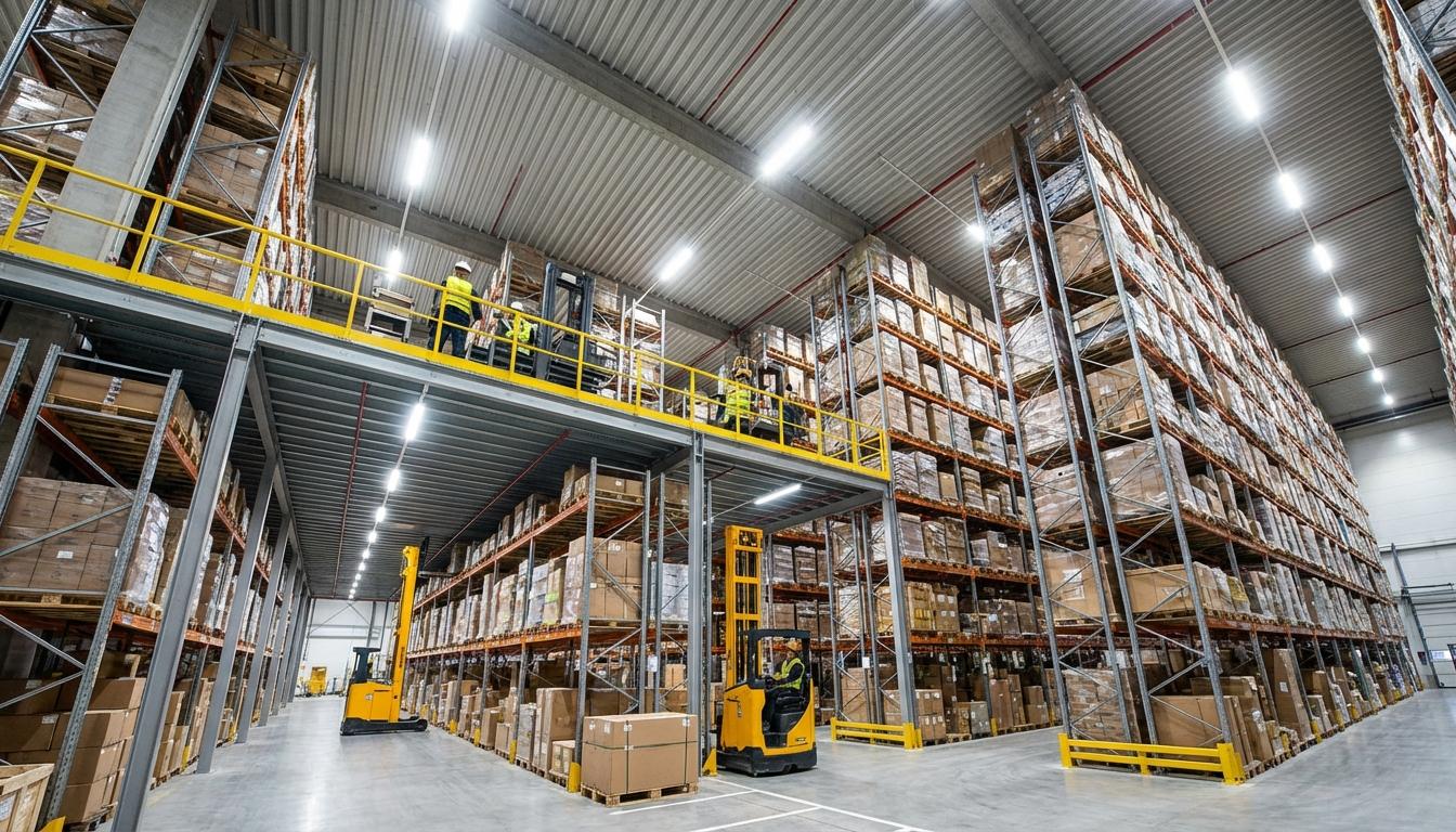 High-density vertical warehouse storage with tall pallet racking and mezzanine floor level