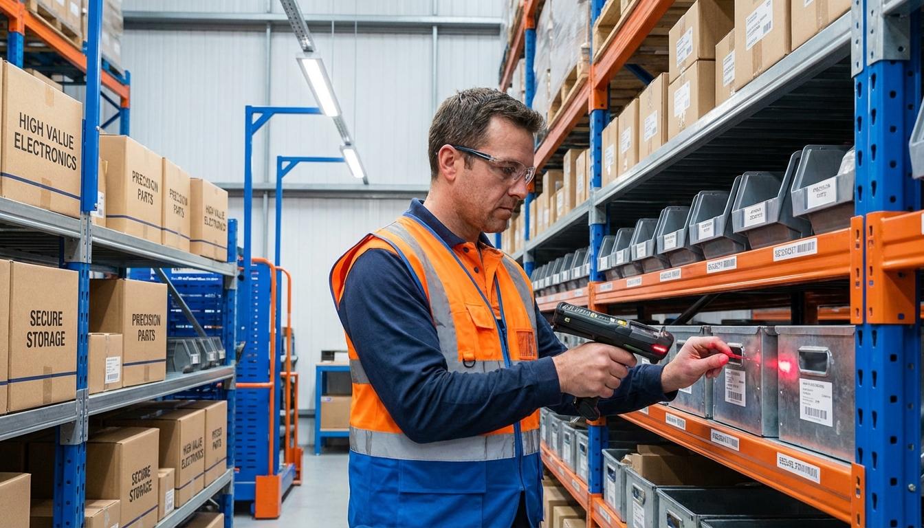 Warehouse worker performing cycle count on high-value Category A inventory items with handheld scanner