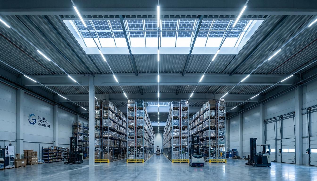Modern energy-efficient warehouse interior with LED lighting and solar panels on roof