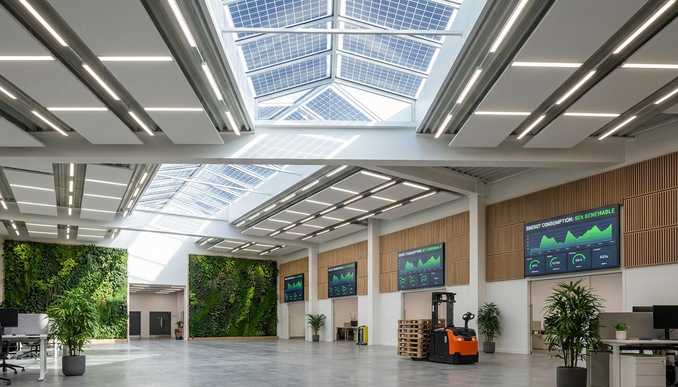 Energy-efficient warehouse interior with LED lighting, solar panels, and smart energy management displays showing sustainability