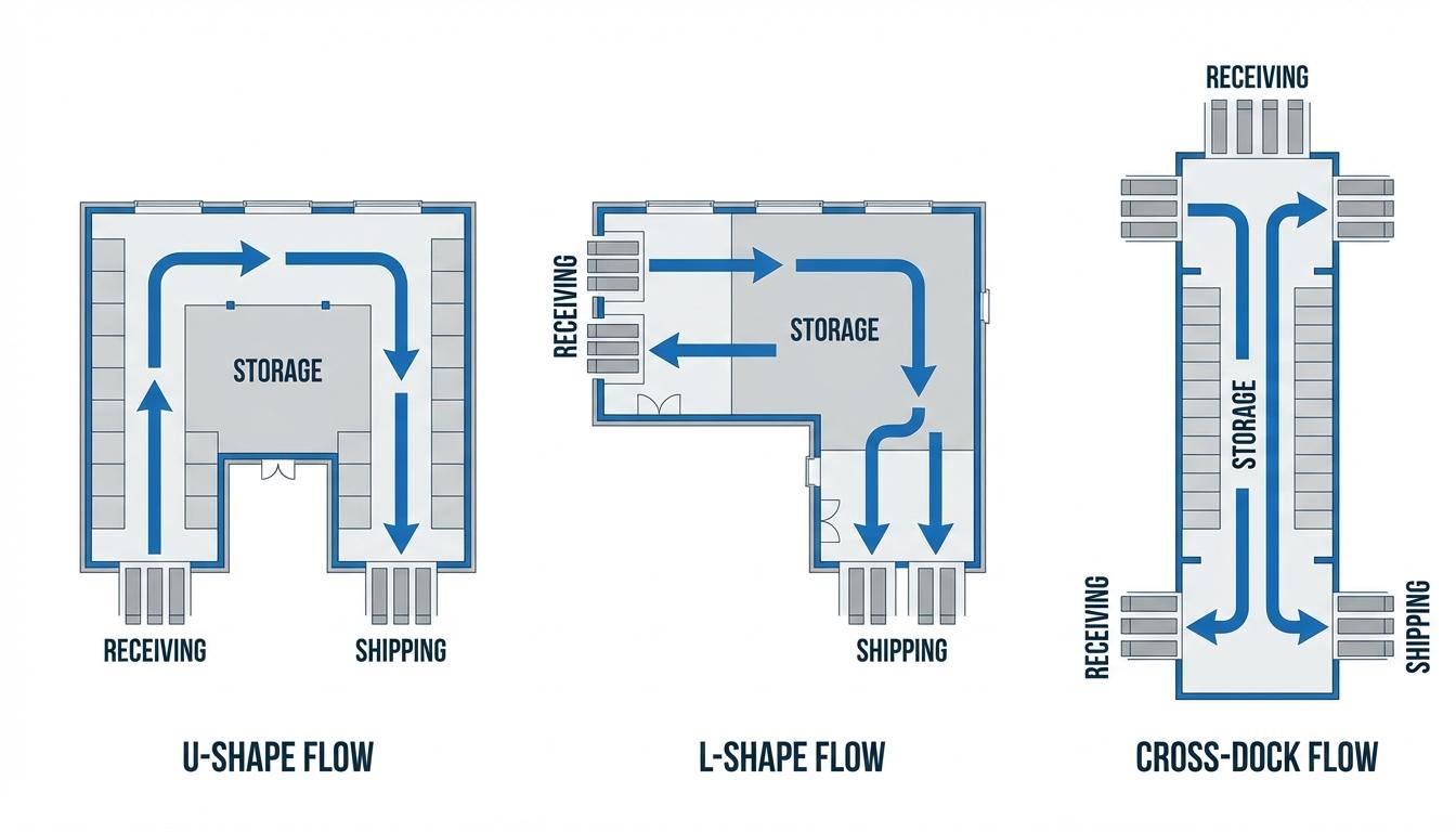 Comparison of U-shaped L-shaped and grid warehouse floor plan layouts with material flow arrows