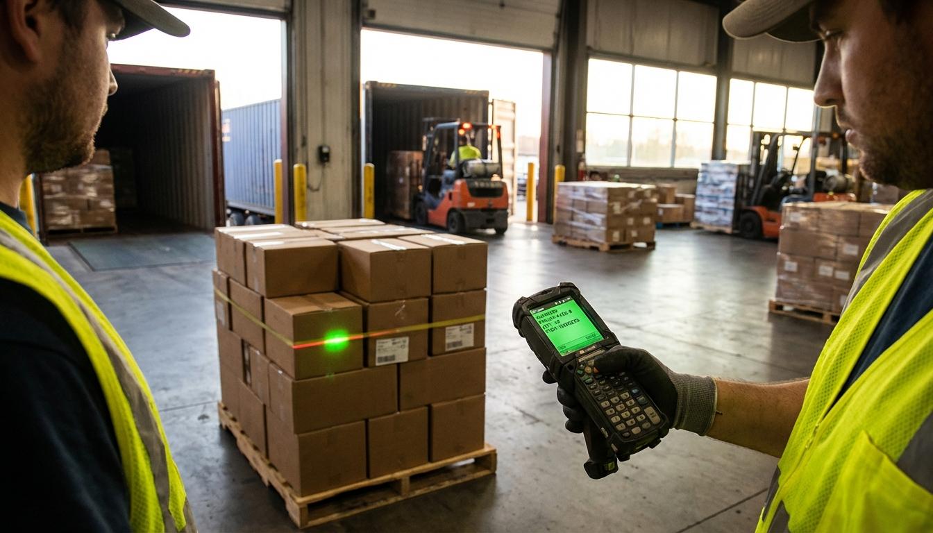 Warehouse worker using RF scanner for real-time inventory control and receiving operations