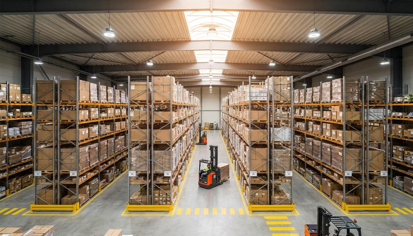 Modern warehouse interior with optimized layout showing organized pallet racking and clear aisle pathways