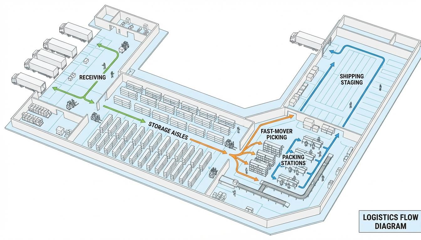 Optimized warehouse layout showing efficient pick pack ship flow from receiving to shipping dock