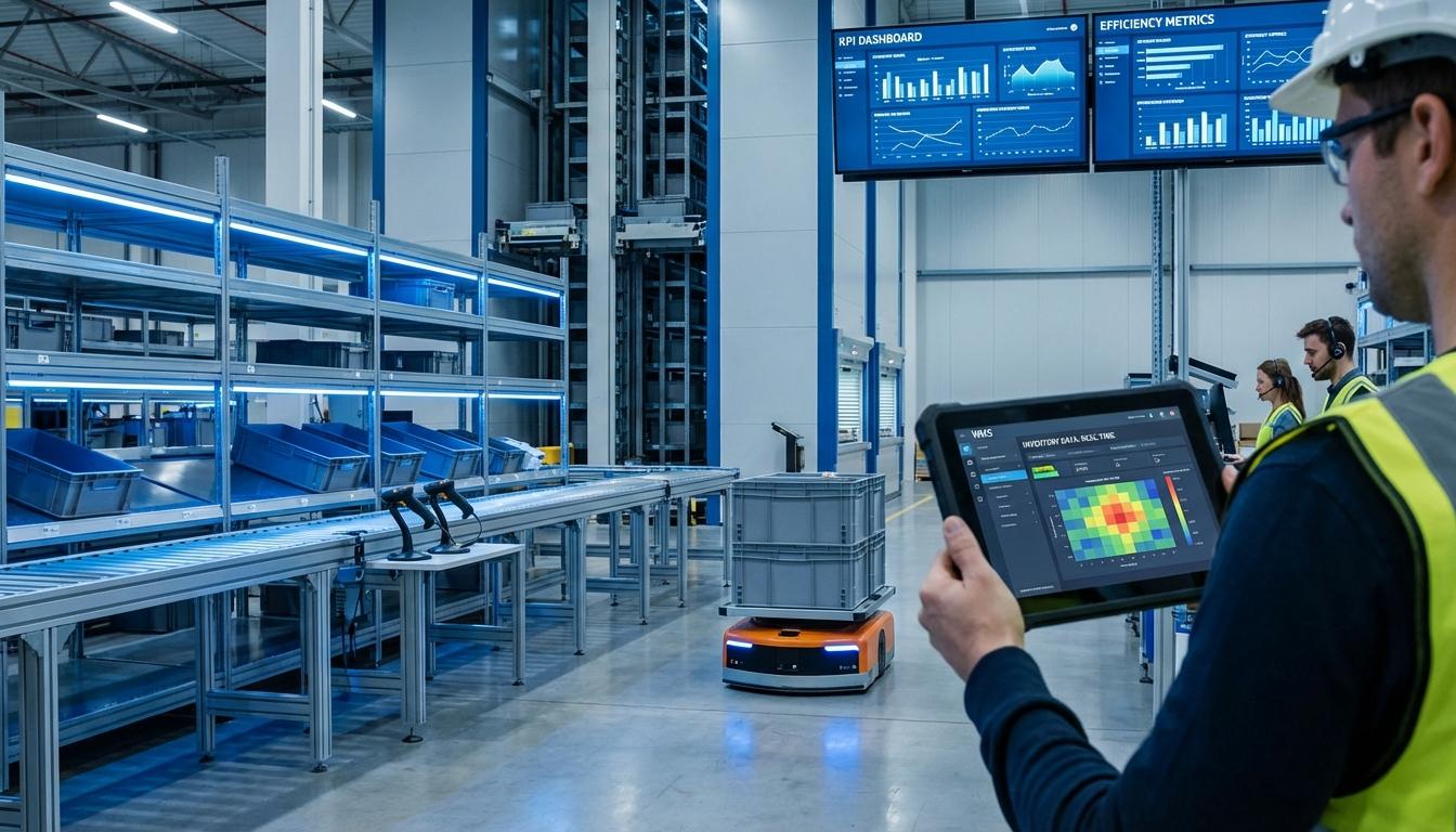 Warehouse worker using WMS tablet with autonomous mobile robots and automated storage systems