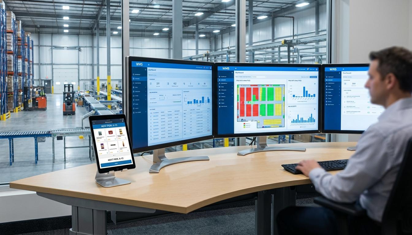 WMS slotting optimization software dashboard showing inventory locations and pick path analytics