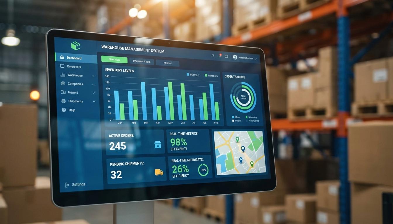 Warehouse management system WMS dashboard displaying real-time inventory tracking and order status Warehouse management system WMS dashboard displaying real-time inventory tracking and order status