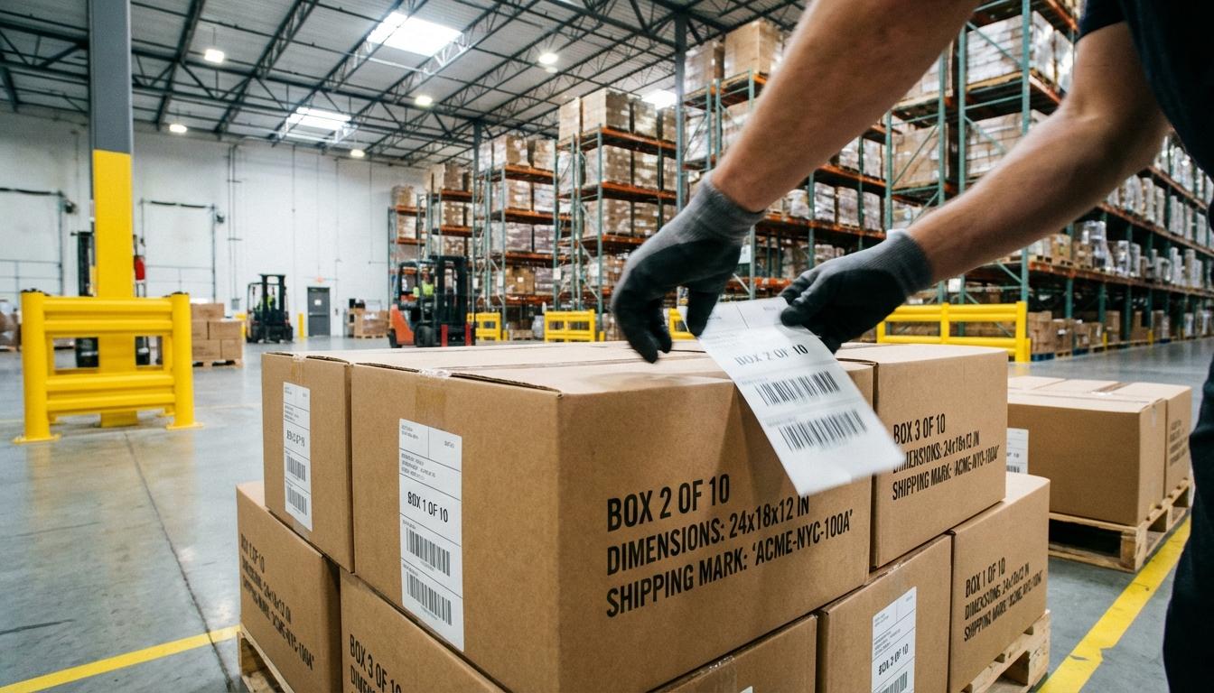 Warehouse worker labeling packages with shipping marks and box numbers for customs clearance