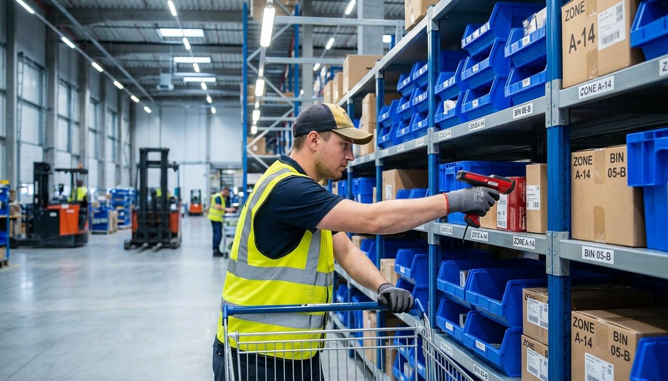 Warehouse worker using barcode scanner for accurate order picking in fulfillment center