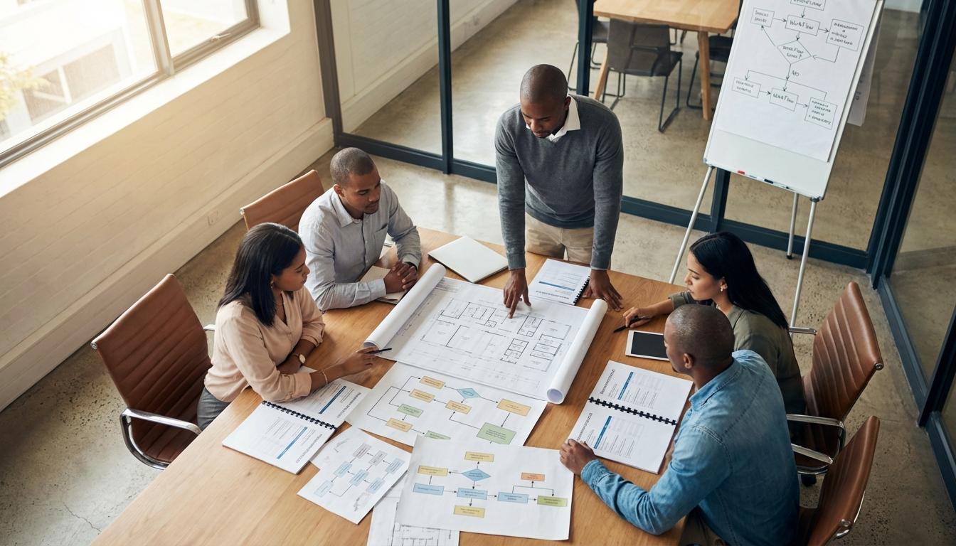 Team conducting warehouse process mapping session with flowcharts for WMS requirements analysis