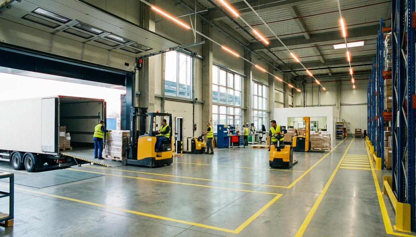 Warehouse receiving dock with workers unloading pallets from truck using forklifts