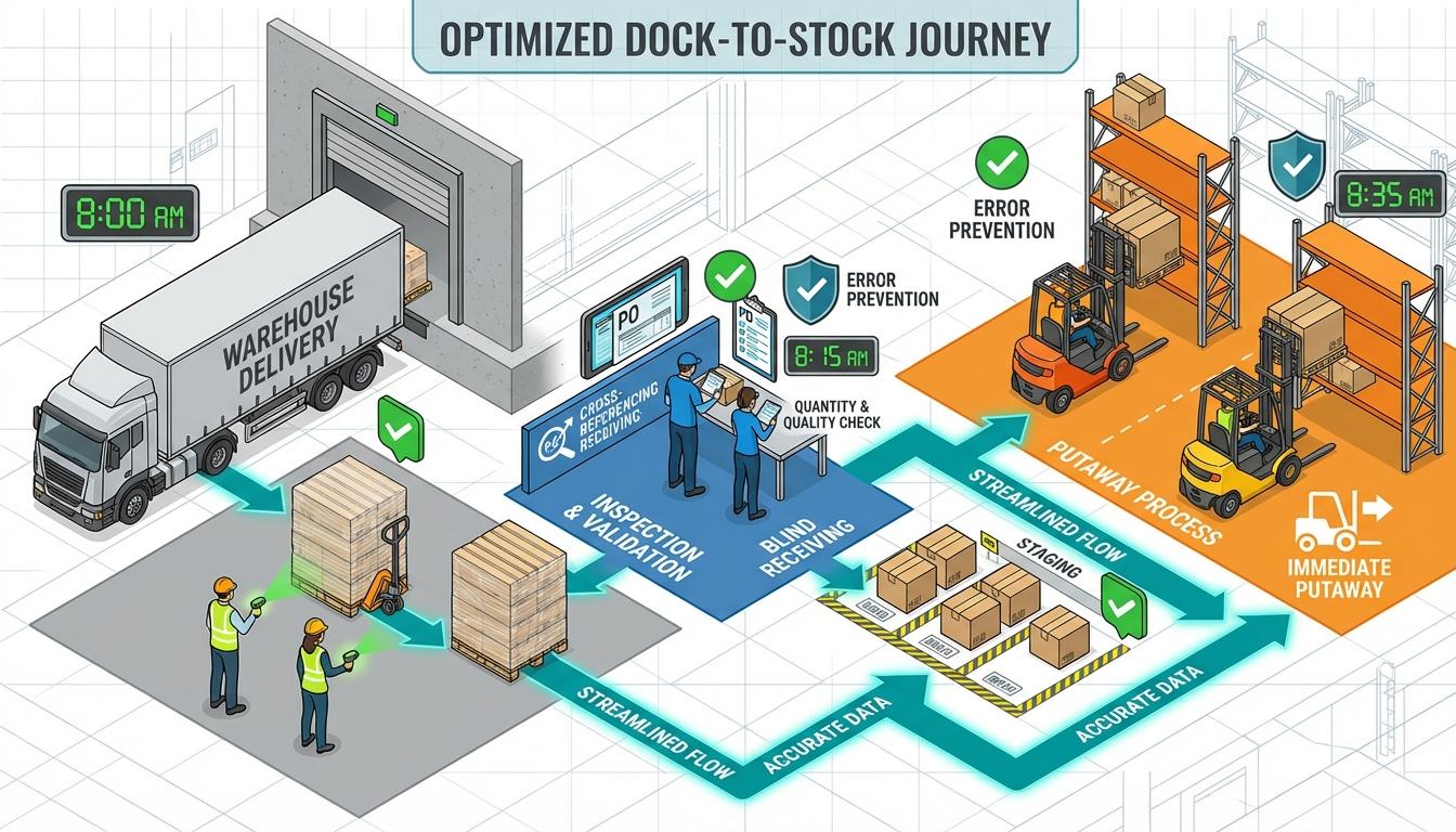 Warehouse receiving process flow visualization from dock unloading through inspection staging and putaway with accuracy checkpoints and best practice indicators at each stage