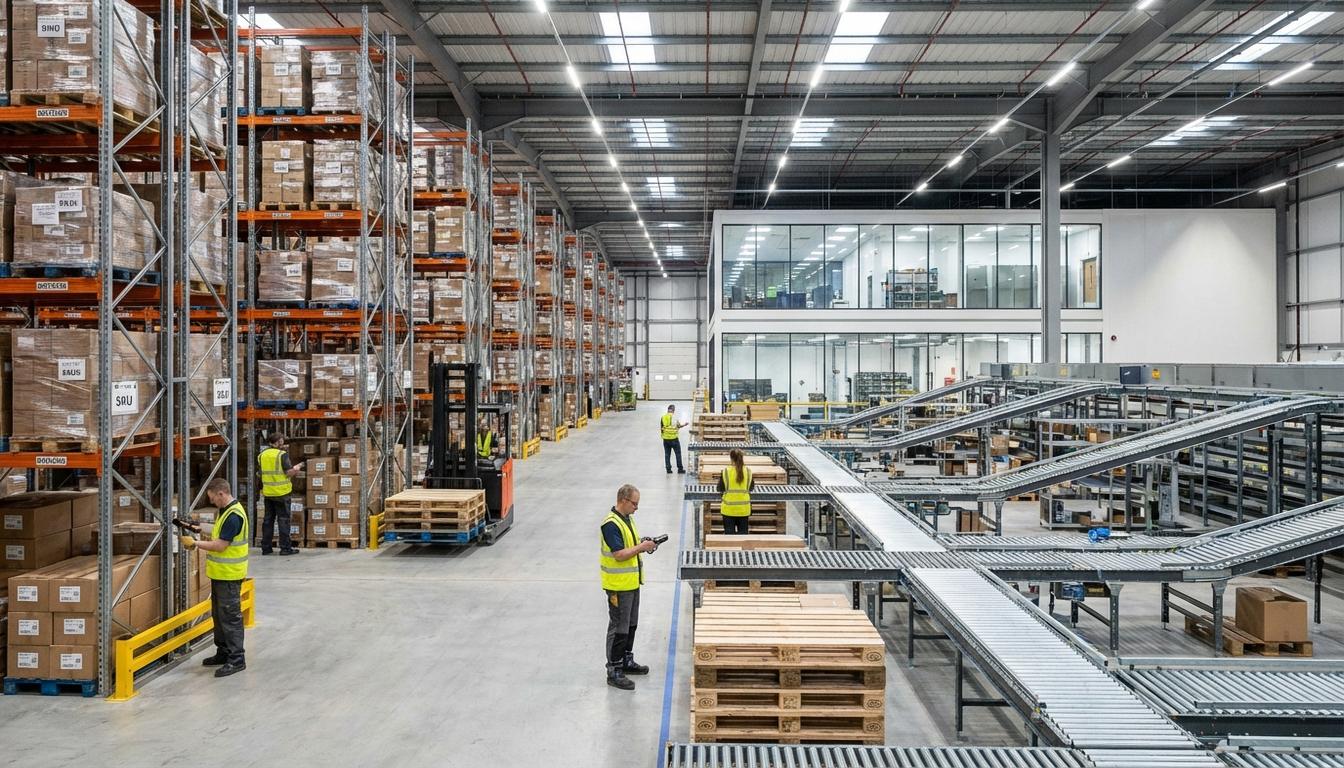 Modern warehouse facility showing inventory management, pallet storage, and order fulfillment operations