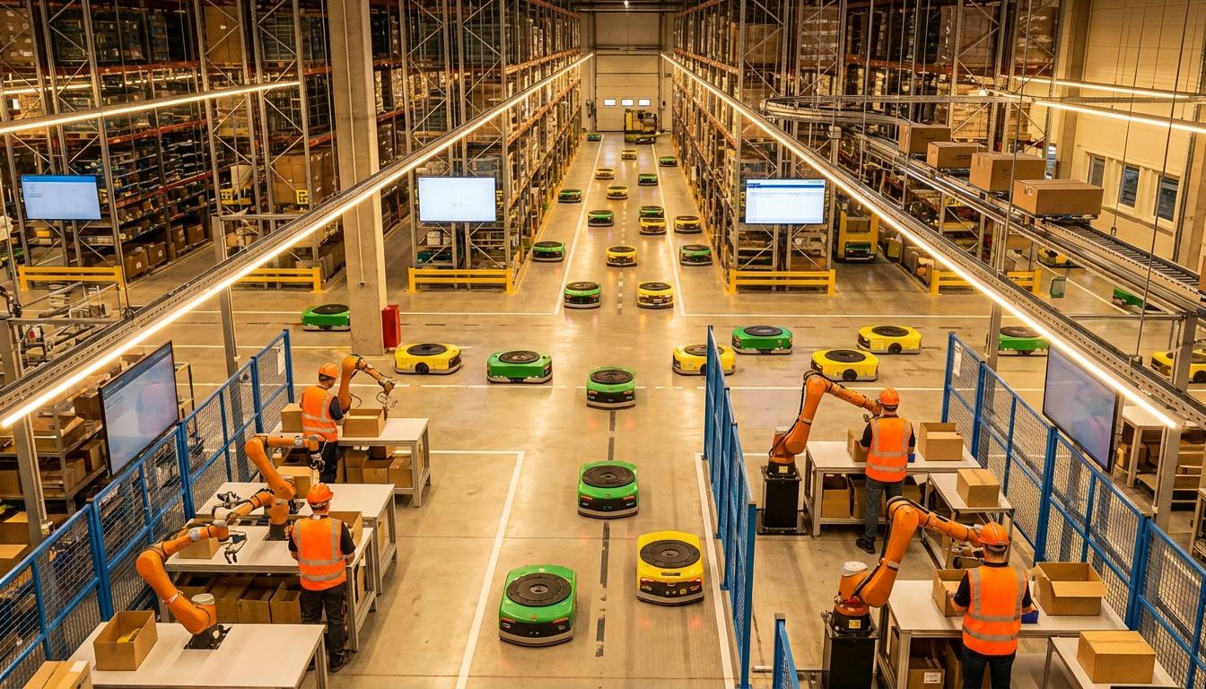 Warehouse robotics and automation systems working alongside human operators in modern facility