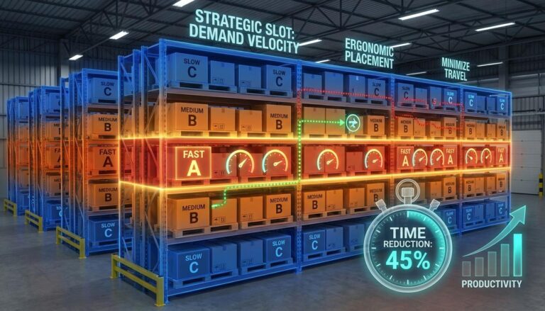 Warehouse slotting optimization showing velocity-based product placement in golden picking zones with ABC classification heat map and picker path efficiency comparison for faster order fulfillment