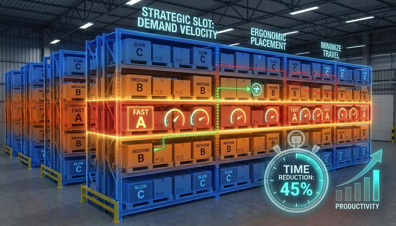 Warehouse slotting optimization showing velocity-based product placement in golden picking zones with ABC classification heat map and picker path efficiency comparison for faster order fulfillment