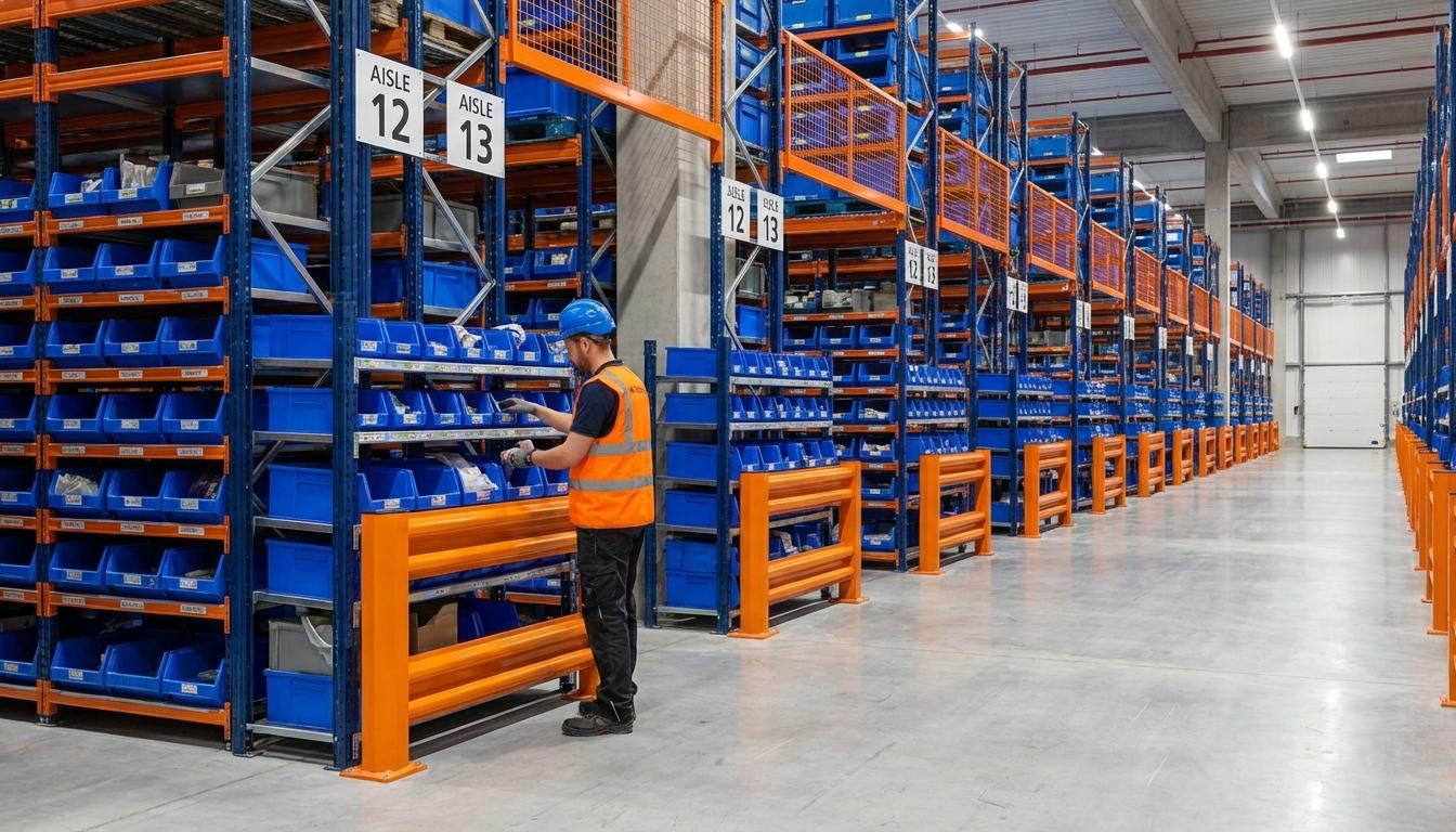 Warehouse worker organizing inventory in optimized storage slots with labeled bins and racking system