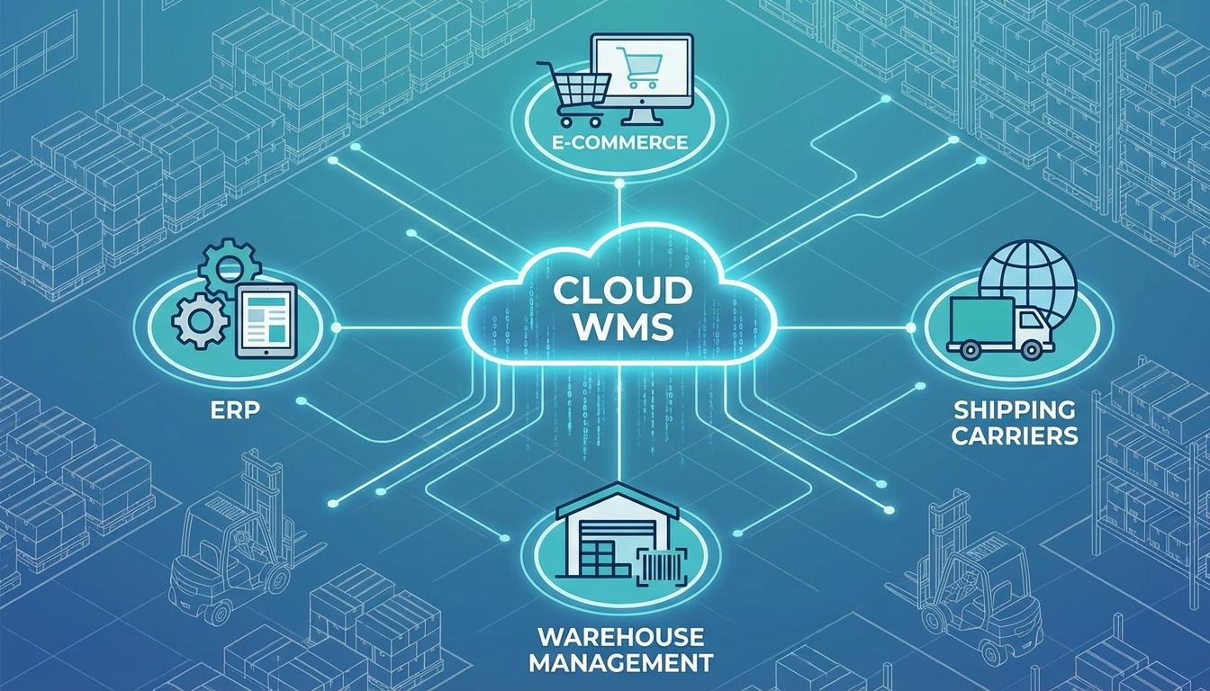 Cloud WMS integration diagram showing connections between ERP, e-commerce, and warehouse systems