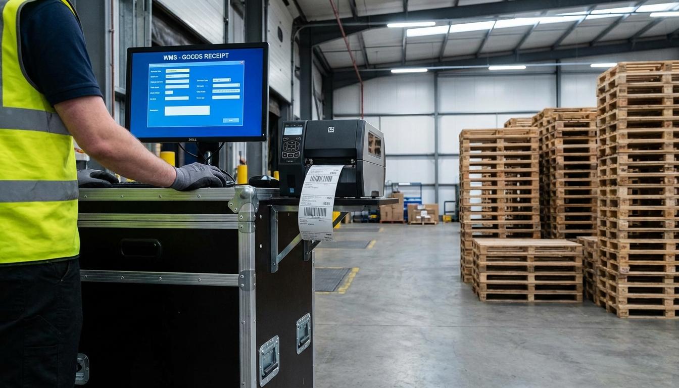 Warehouse management system screen showing goods receipt posting and LPN label printing