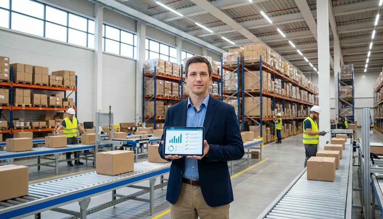 Warehouse manager reviewing WMS selection criteria on digital tablet in modern distribution center