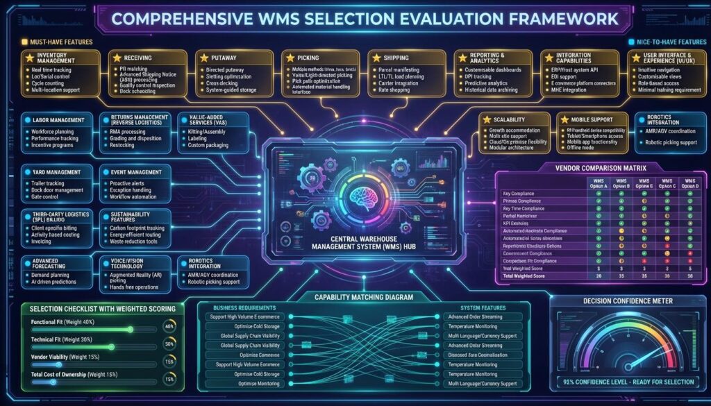 WMS selection criteria evaluation framework with 20 essential features must-have versus nice-to-have indicators vendor comparison matrix and capability matching for warehouse management system selection