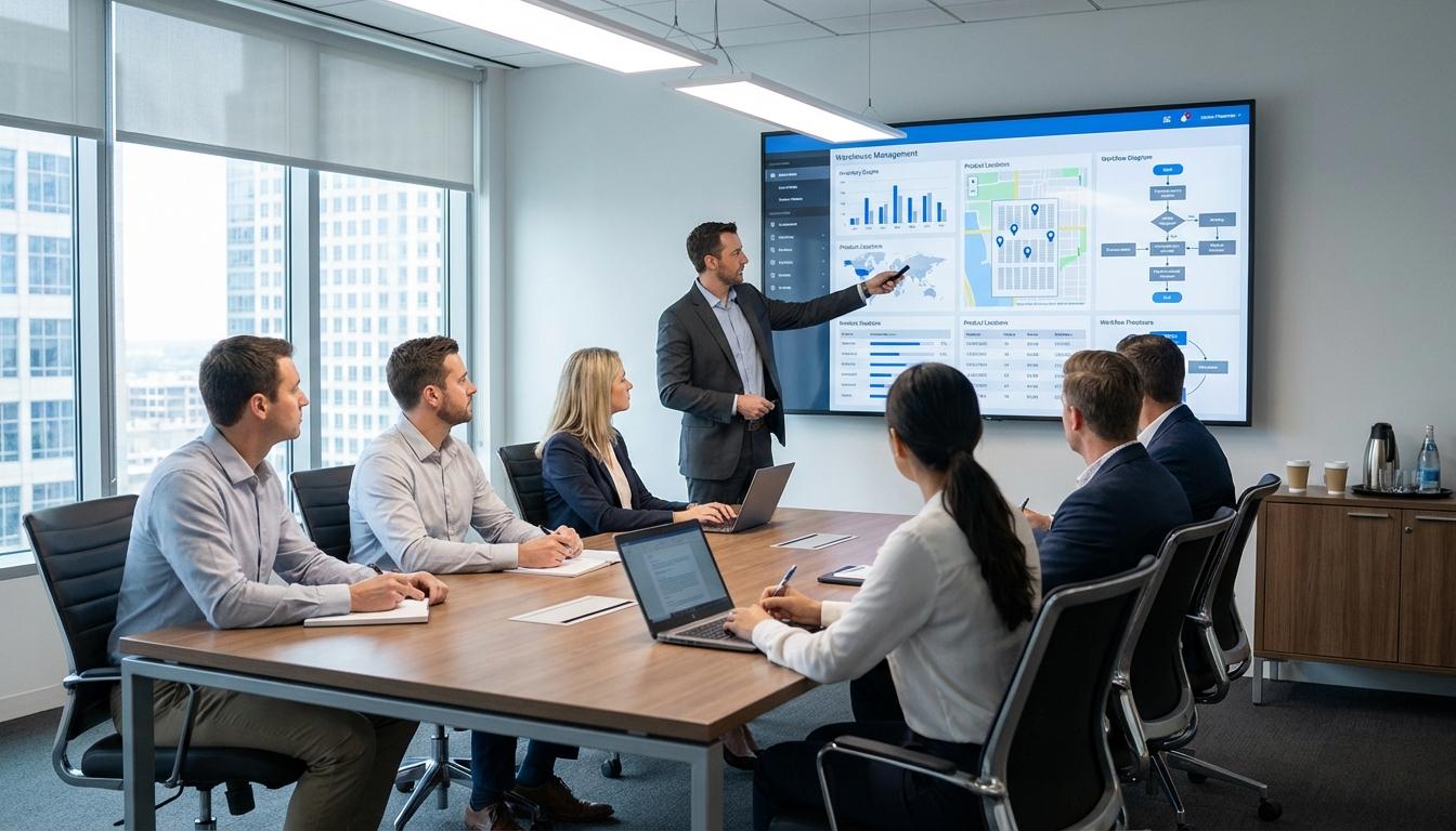 Stakeholders watching WMS software demonstration during vendor evaluation and selection process